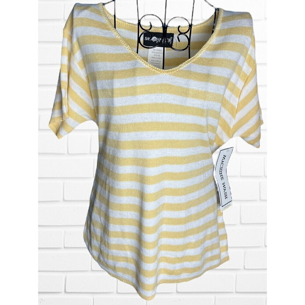 5/$25 Sag Harbor Women's Petite Small Knit Top Yellow Striped New